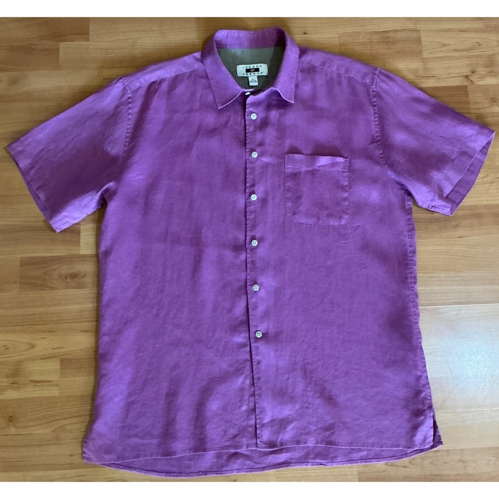 Joseph Abboud XL 100% Linen Shirt Purple Short Sleeve Button Front Mens
